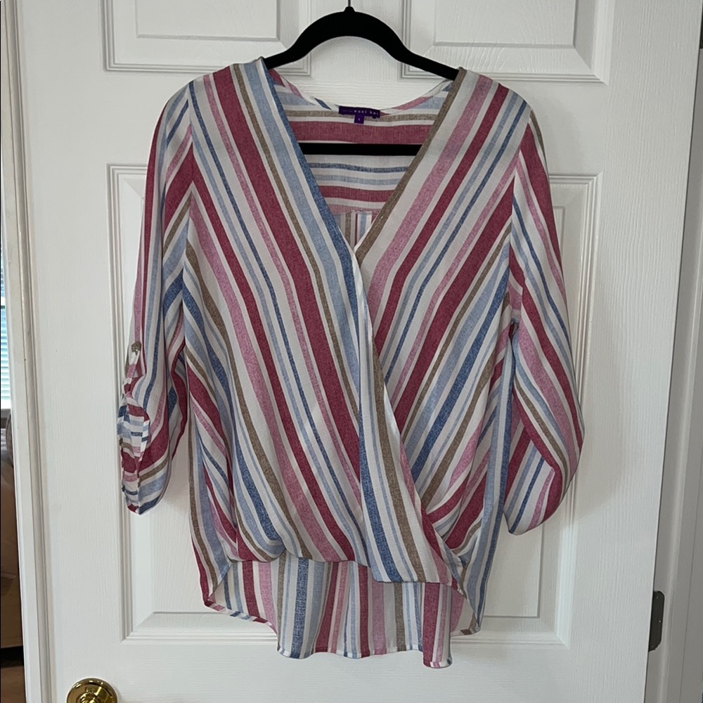 West Kei Pink and White Flutter Sleeve Wrap Blouse